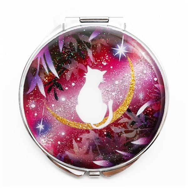 画像1: 丸ミラー　猫と月〜星に願いを〜赤紫Version (1)