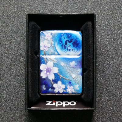 画像2: 手描き ZIPPO 蒼月と桜 ジッポ ライター 箱付き　銀箔