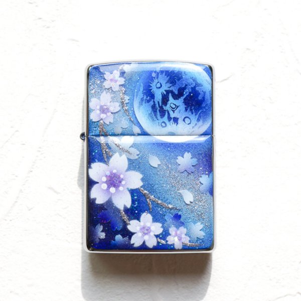 画像1: 手描き ZIPPO 蒼月と桜 ジッポ ライター 箱付き　銀箔 (1)