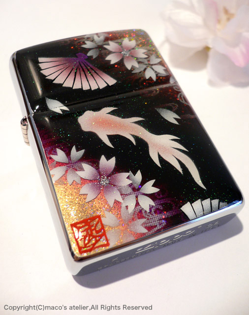 ZIPPO 手描き 金魚と桜 ジッポ ライター 箱付き 金箔 ペア-